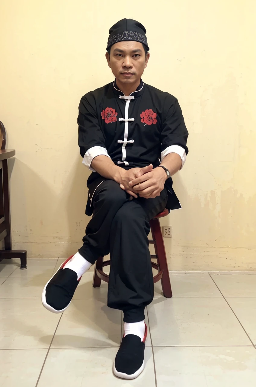 Realistic 5D caricature image of a full body Indonesian man sitting on a chair with a red curtain background. He is wearing traditional Chinese clothing, long-sleeved black cheongsam (sleeves rolled up to the elbows), shirt edges with white stripes on the edges and sleeves, shirt collar edges with stripes white. He wore a black skullcap. His hands were folded in his lap. He wore plain black joggers, white socks, and black traditional Chinese slip-on shoes (Wing Chun shoes) that matched his outfit. The man wore a calm and serious expression. The chair he sat on was red, possibly made of cloth or foam, with red armrests. He sat with his legs crossed, left leg over right. The backdrop features bright red curtains that stretch from top to floor. The floor visible below has a tile pattern, perhaps ceramic or tile, with some visible stains or dirt. Detailed HD quality cinematic 5D rendering.