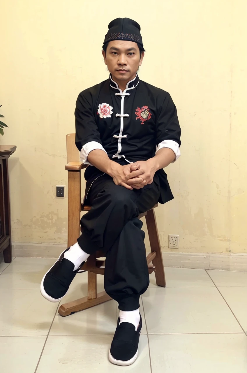 Realistic 5D caricature image of a full body Indonesian man sitting on a chair with a red curtain background. He is wearing traditional Chinese clothing, long-sleeved black cheongsam (sleeves rolled up to the elbows), shirt edges with white stripes on the edges and sleeves, shirt collar edges with stripes white. He wore a black skullcap. His hands were folded in his lap. He wore plain black joggers, white socks, and black traditional Chinese slip-on shoes (Wing Chun shoes) that matched his outfit. The man wore a calm and serious expression. The chair he sat on was red, possibly made of cloth or foam, with red armrests. He sat with his legs crossed, left leg over right. The backdrop features bright red curtains that stretch from top to floor. The floor visible below has a tile pattern, perhaps ceramic or tile, with some visible stains or dirt. Detailed HD quality cinematic 5D rendering.