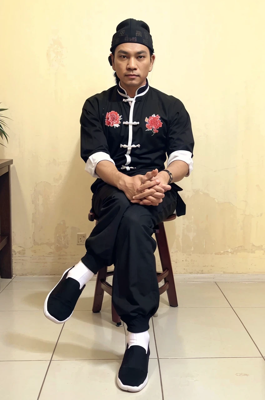 Realistic 5D caricature image of a full body Indonesian man sitting on a chair with a red curtain background. He is wearing traditional Chinese clothing, long-sleeved black cheongsam (sleeves rolled up to the elbows), shirt edges with white stripes on the edges and sleeves, shirt collar edges with stripes white. He wore a black skullcap. His hands were folded in his lap. He wore plain black joggers, white socks, and black traditional Chinese slip-on shoes (Wing Chun shoes) that matched his outfit. The man wore a calm and serious expression. The chair he sat on was red, possibly made of cloth or foam, with red armrests. He sat with his legs crossed, left leg over right. The backdrop features bright red curtains that stretch from top to floor. The floor visible below has a tile pattern, perhaps ceramic or tile, with some visible stains or dirt. Detailed HD quality cinematic 5D rendering.