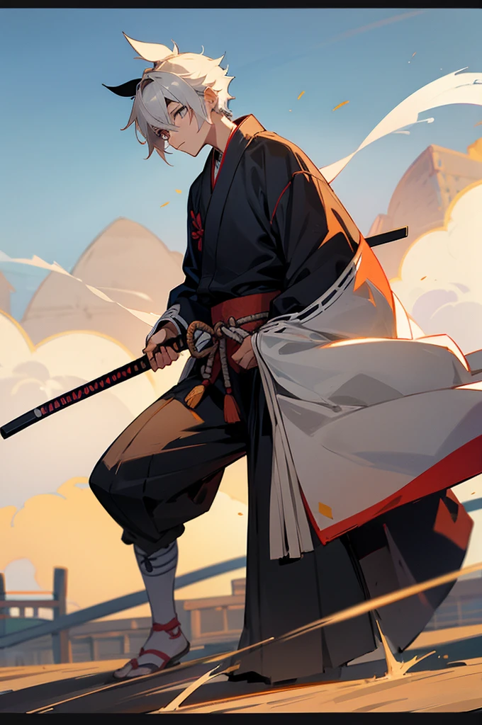 Teen ,male, samurai Clothing, Standing pose, Town background,