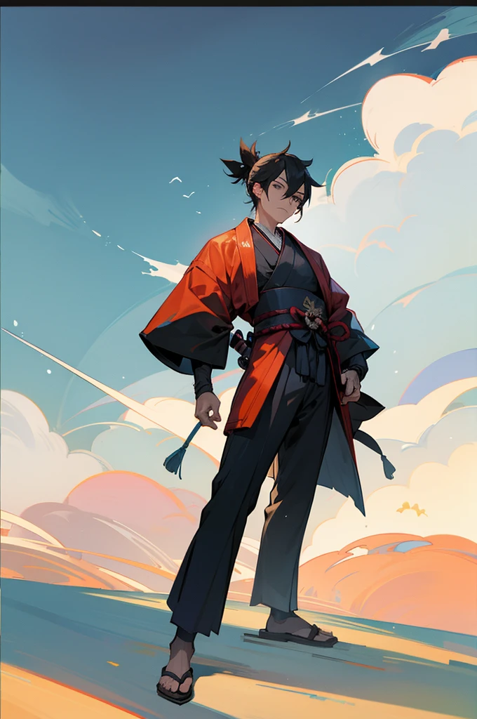Teen ,male, samurai Clothing, Standing pose, Town background,