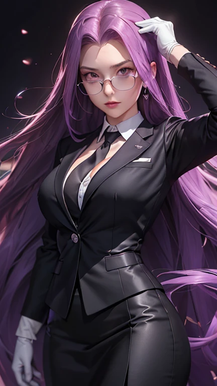 best quality,masterpiece,high resolution,only,{Black suit:1.40},{tie:1.20},{sunglasses:1.25},{White gloves:1.15},{ White shirt:1.10}, {Black skirt:1.15}, nice, {Medusa_FGO:1.15}, length_hair, purple_hair, Very_length_hair, purple_Eye, Chest, Large target_Chest(((Full and soft breasts,)))(((巨Large target乳房))) (((Cleavage))) (Perfect curvy figure),