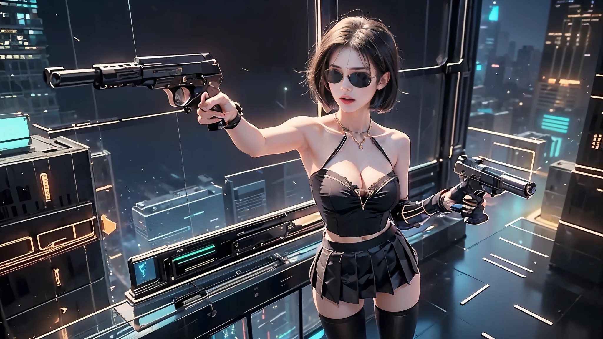 at night, futuristic sci-fi cyberpunk city, broad viaduct, skyscrapers at the end of the viaduct, the movie "13th Floor" style, hq. Matrix style, at night, (1girl, solo), photo realistic, (large-breast:1.3 slim body, cleavage:1.3), (((tube top, extreamly short pleated (((miniskirt))) exposing panty))), (((((matrix style black sunglasses))))), (((((aiming at camera with a (pistol)))))), (((half-body (thigh level) medium shot))), (cinematic lighting).