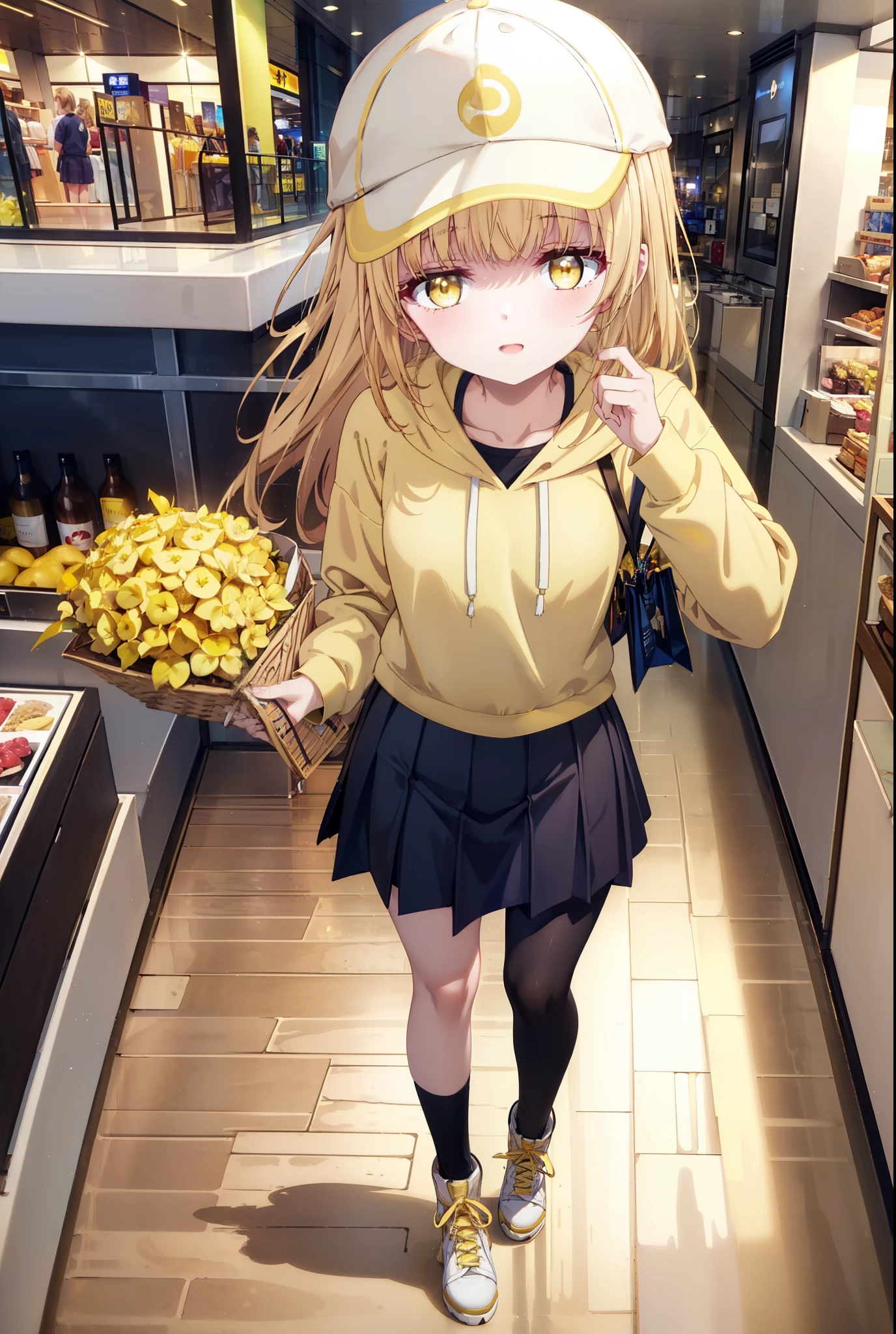 mahirushiina, Mahiru Shiina, bangs, Blonde, Brown Hair, (Yellow Eyes:1.3), smile,Open your mouth,Baseball cap,Oversized yellow hoodie,Short sleeve,mini skirt,black tights,short boots,Walking,Clear skies,Daytime,
break indoors,Shopping mall,
break looking at viewer, whole body,
break (masterpiece:1.2), Highest quality, High resolution, unity 8k wallpaper, (shape:0.8), (Fine and beautiful eyes:1.6), Highly detailed face, Perfect lighting, Highly detailed CG, (Perfect hands, Perfect Anatomy),
