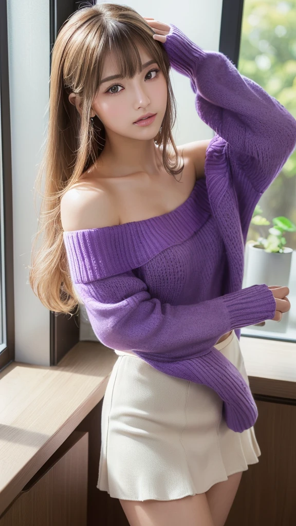 (超High resolution, masterpiece, Anatomically correct, Textured skin, Super detailed, Highest quality, High resolution, 8K, bloom, Front light:1.2, Perfect dynamic composition), (24-years-old, Cute and sexy high school student, Sexy Face, Long face, Distant eyes, Gentle eyelids, Thin eyebrows, Gentle corner of the eye, Beautiful Nose, It will totally charm you, Eyes that feel erotic, A taste of beautiful eroticism, Too cute beauty), (Classy and cute girl:1.3), (1 Girl, One Girl), ((Wearing a purple off-the-shoulder sweater:1.3)), (White pleated mini skirt), (Knee-high boots),  (Medium sized big breasts, Slim figure, Toned Abs, Hard breasts:1.1), Beautiful clavicle, (Dark blonde hair, Wavy Hair, Long Hair:1.2), ((Asymmetrical bangs:1.2)), break, ((Standing by the window, touching my hair:1.2)), (From the side:1.1), (視聴者をFrom the side見る:1.2), ((Focus on the face:1.2)),((A morning in a modern Japanese office:1.2)), (close),
