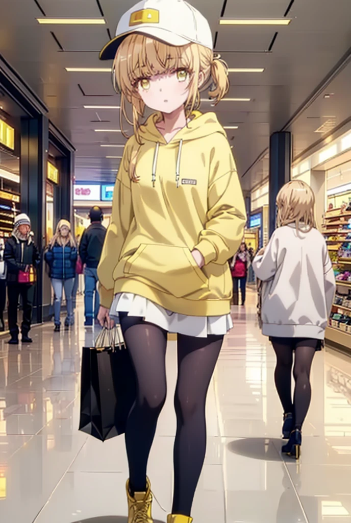 mahirushiina, Mahiru Shiina, bangs, Blonde, Brown Hair, (Yellow Eyes:1.3), smile,Open your mouth,Baseball cap,Oversized yellow hoodie,Short sleeve,mini skirt,black tights,short boots,Walking,Clear skies,Daytime,
break indoors,Shopping mall,
break looking at viewer, whole body,
break (masterpiece:1.2), Highest quality, High resolution, unity 8k wallpaper, (shape:0.8), (Fine and beautiful eyes:1.6), Highly detailed face, Perfect lighting, Highly detailed CG, (Perfect hands, Perfect Anatomy),