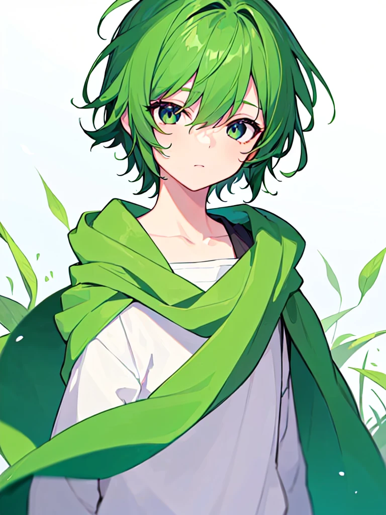 [(WHITE BACKGROUND:1.5),::5], ((((masterpiece)))), high quality, very_high_resolution, large_filesize, full color, solo, ((())), 13 old year, short Green hair, vivid color, Black eye, Summer clothes, anime, ((upper body))