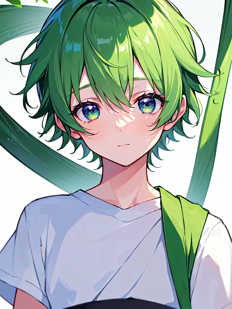 [(WHITE BACKGROUND:1.5),::5], ((((masterpiece)))), high quality, very_high_resolution, large_filesize, full color, solo, (((little boy))), 13 old year, short Green hair, vivid color, Black eye, Summer clothes, anime, ((upper body))