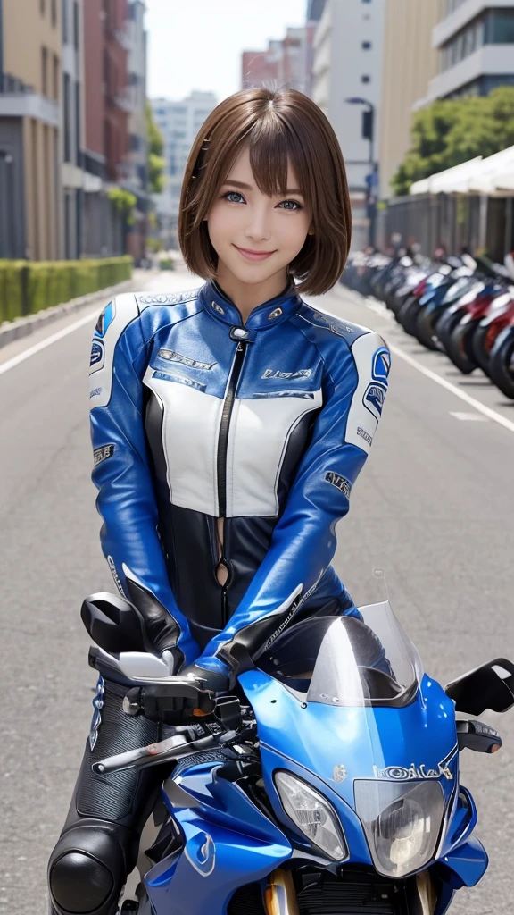 (8K, Best photo quality:1.3), so beautiful, .3d, Brown Hair、Very short hair, blue eyes, (Abdominal muscles, Slim figure: 1.1), Sharp focus, (((Intricate details)), Beautiful and delicate lips, Beautiful and delicate nose, Beautiful and delicate face, Beautiful and delicate eyes, ((Realisticなしっとりと白い肌)), (Realistic, Realistic), Cinematic Light, Face Light, Attractive long limbs, smile, (((Detailed Motorcycle)))、(((Riding on motorcycle)))、Full Body Shot、Blue fitted long sleeve racing leather suit