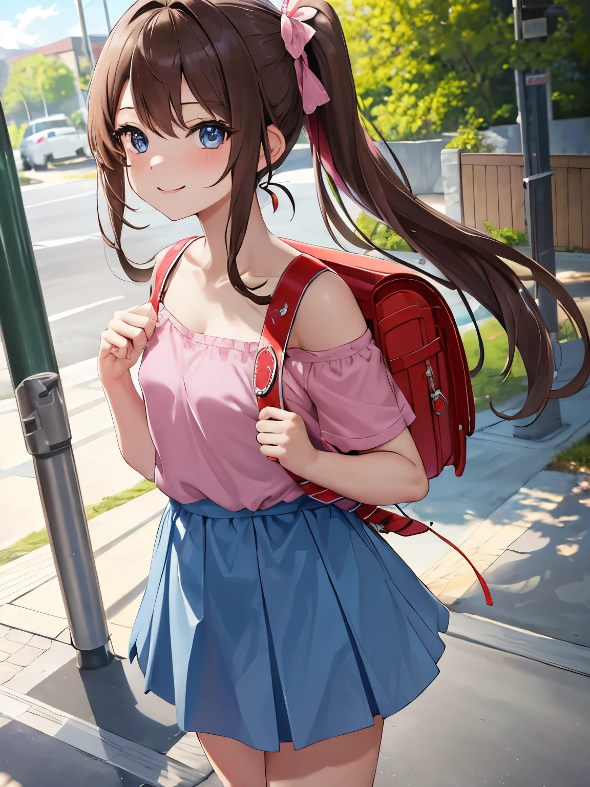 masterpiece, best quality, highres, 1girl, long hair, one side up, solo, ponytail,brown hair, blue eyes, bare shoulders, pink shirt, short sleeves, off-shoulder shirt, frills, blue skirt, cowboy shot, smile,standing, fullbody, wear high heels, wearing school backpack, (backpack:1.1), outdoor, day