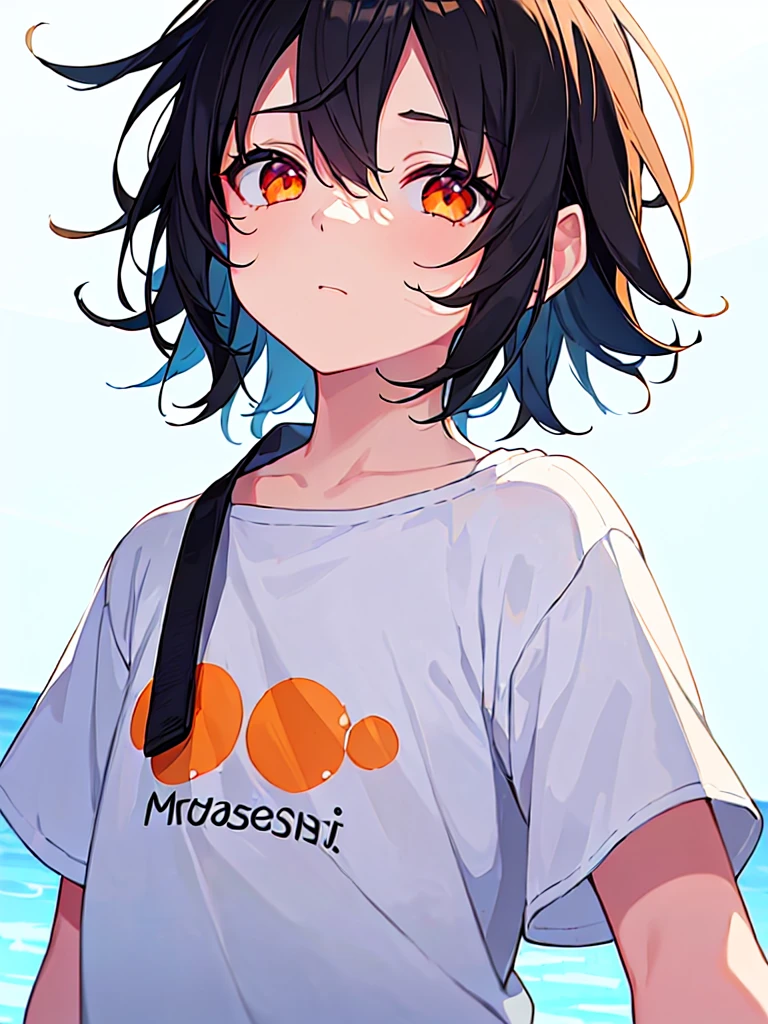 [(WHITE BACKGROUND:1.5),::5], ((((masterpiece)))), high quality, very_high_resolution, large_filesize, full color, solo, ((( boy))), 13 oldt Black hair, vivid color, orange eye, Summer clothes, anime, ((upper body))