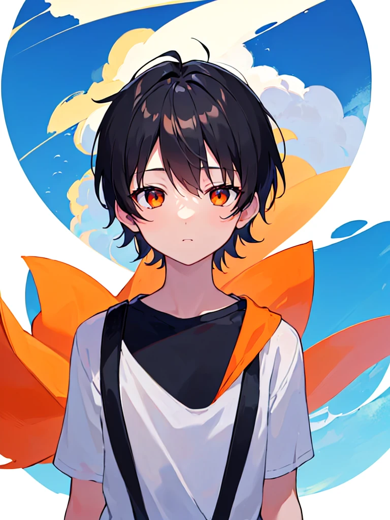 [(WHITE BACKGROUND:1.5),::5], ((((masterpiece)))), high quality, very_high_resolution, large_filesize, full color, solo, (((little boy))), 13 old year, short Black hair, vivid color, orange eye, Summer clothes, anime, ((upper body))