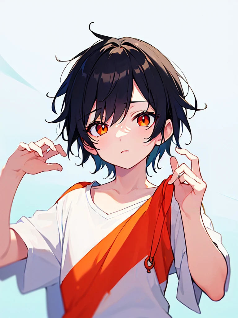 [(WHITE BACKGROUND:1.5),::5], ((((masterpiece)))), high quality, very_high_resolution, large_filesize, full color, solo, (((little boy))), 13 old year, short Black hair, vivid color, orange eye, Summer clothes, anime, ((upper body))