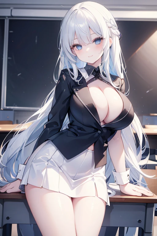 young girl, white hair on the outside and blue hair on the inside, diamond eyes,beautiful and detailed eyes, big breasts, long hair, sadistic smile, black shirt, white mini skirt, black blazer ,(Classroom )