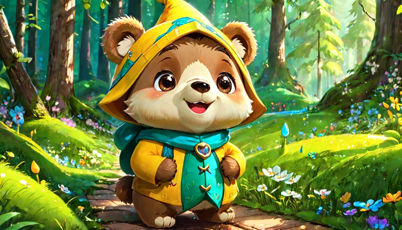 Close-up of a cartoon bear，Cute numbers, Elf Character, Lovely and detailed digital art, Cute numbers艺术, Smile, forest, Cute cartoon characters, Cute 3d rendering, Children's art on the art station, beautiful,
