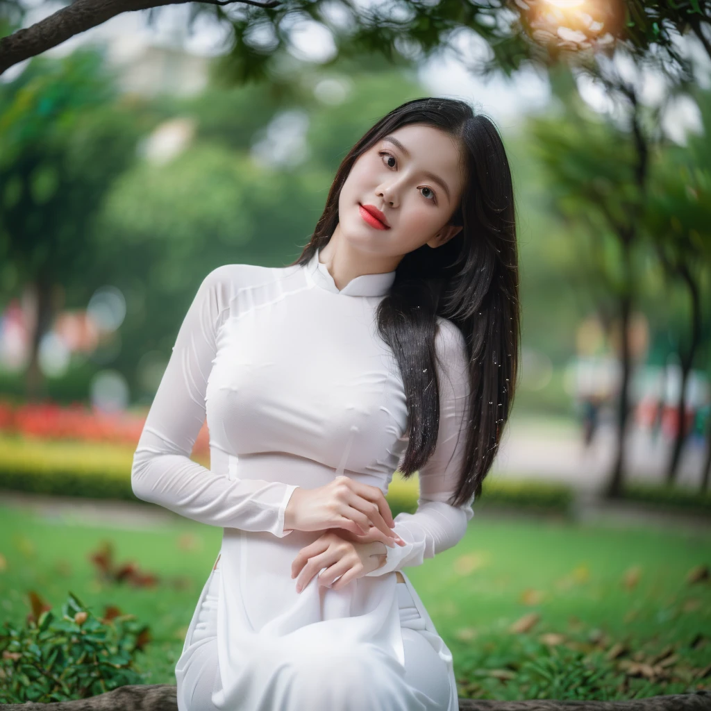 big breasts, round breasts, wearing bra inside ao dai, slim figure, beautiful figure, big breasts, long straight hair, ((sharp 8k quality photo)), ((details of beautiful, sharp face, face balanced) cho)), ((beautiful breasts, revealing cleavage, plump body), ((beautiful sparkling eyes, sharp eye details, beautiful face, balanced eyes)), ((sitting under a tree It's raining and my whole body is wet, the rain is wet, my ao dai shows my chest)), ((super beautiful body with high details, tight body, big bust and slim waist)), ((round breasts))