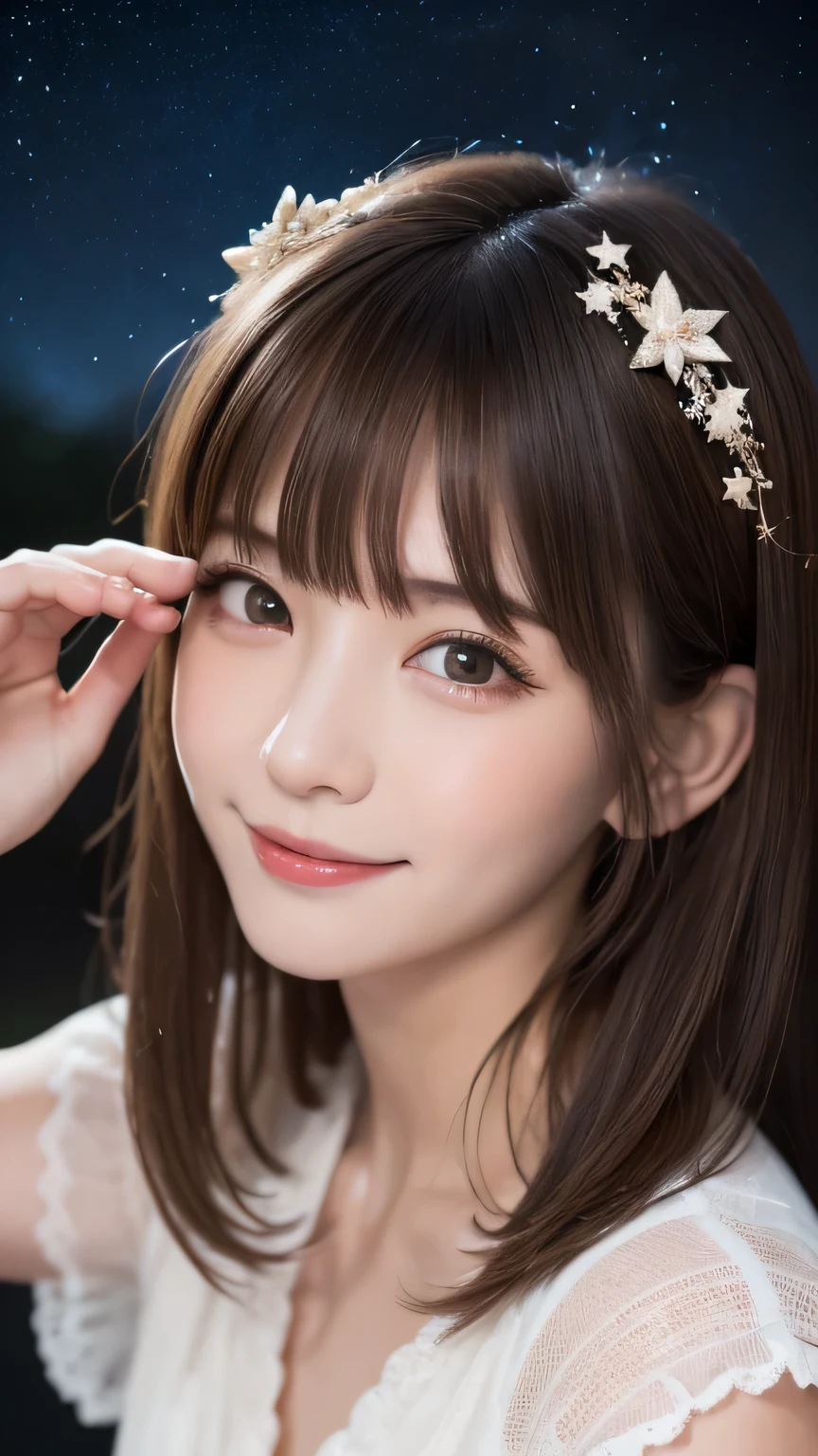 closeup shot , Best picture quality (8K, high resolution, Masterpiece: 1.2), super detailed, 215 Short Hair, 16-year-old woman,
situation: Under the stars、A woman in an angel costume looks up at the night sky。
clothing: Reflective silver dress、Star-Shaped Halo、White Feather Wings。
angle:
Close-up: A hand pointing at the starry sky、A detailed look at the star-gazing expression。
Detailed depiction: The sparkling starry sky、Against a dark night sky background、emphasizing the mystical atmosphere。
Emotional moment: Like wishing upon a star、Capturing the emotion of looking up at the starry sky。A star-shaped tattoo on his cheek, angel wings visible:1.5
, Close-up of face :1.5
, random cute pose ,big eyes ,Puffy eyes , Heart Pupil, blush , huge shy smile , salute