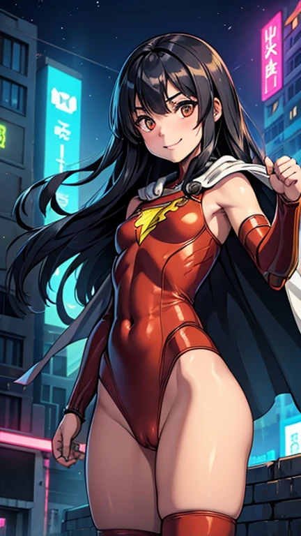(8k),(masterpiece),(Japanese),(),((innocent look)),((Childish)),From the front,smile,cute,Innocent,Kind eyes,Flat chest,Hairless vagina, Cameltoe,white cape, Red Mary Marvel Costume,semi-long,Hair blowing in the wind,Black Hair,Strong wind,night,dark, Neon light cyberpunk city