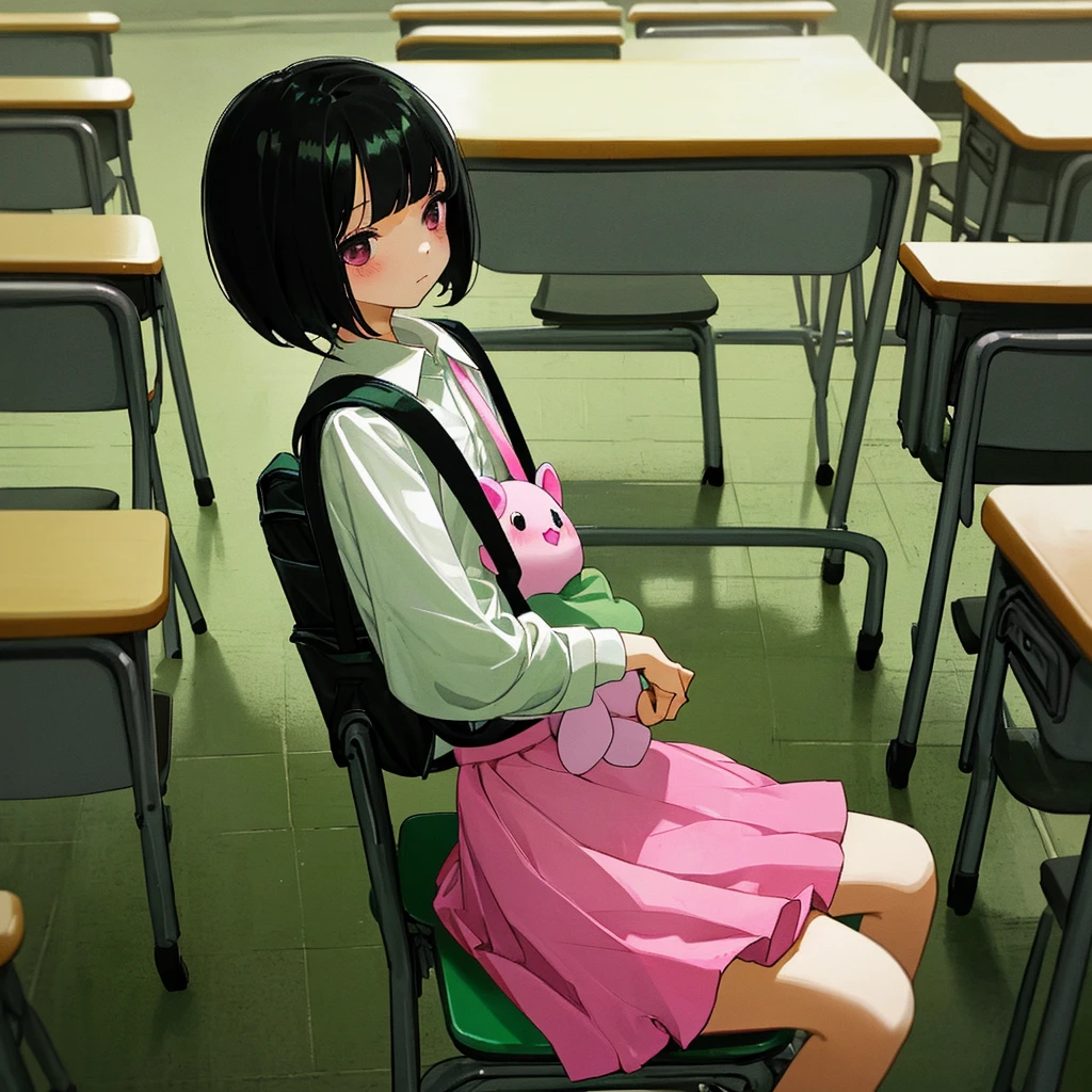 A girl, short black hair, dark eyes, wearing white shirt, green wrap skirt, a pink backpack with a tiny plushie, sitting on the seat, in the classroom