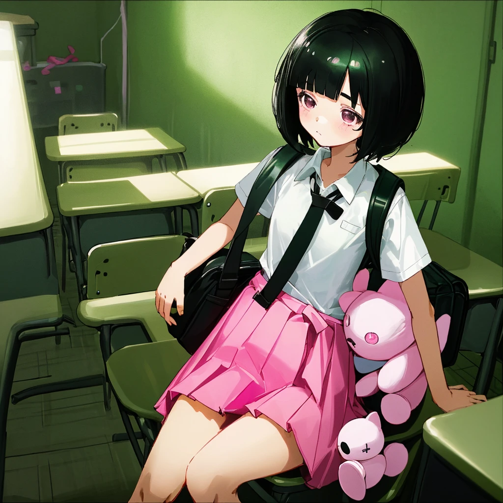 A girl, short black hair, dark eyes, wearing white shirt, green wrap skirt, a pink backpack with a tiny plushie, sitting on the seat, in the classroom