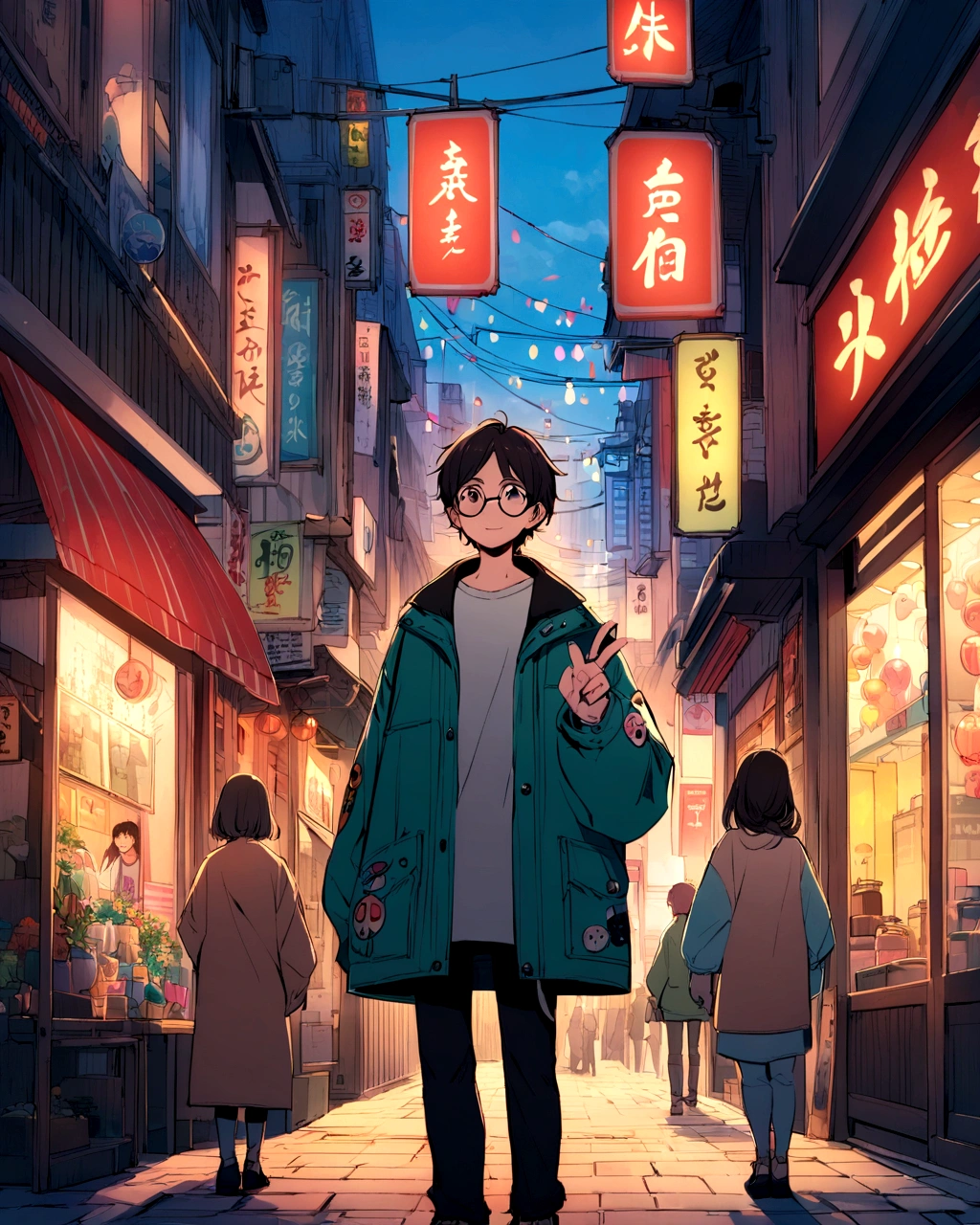 Create an anime-style illustration of a boy standing in a vibrant, bustling urban street. She has long, dark hair and wears round glasses. Her outfit includes a  oversized jacket with various patches and a casual t-shirt underneath. The woman is holding up a peace sign with her right hand and has a calm, slightly neutral expression. The background should depict a lively street scene with various signs in Japanese, colorful storefronts, and a generally busy atmosphere. Ensure the colors are vivid and the overall mood of the scene is energetic and lively.