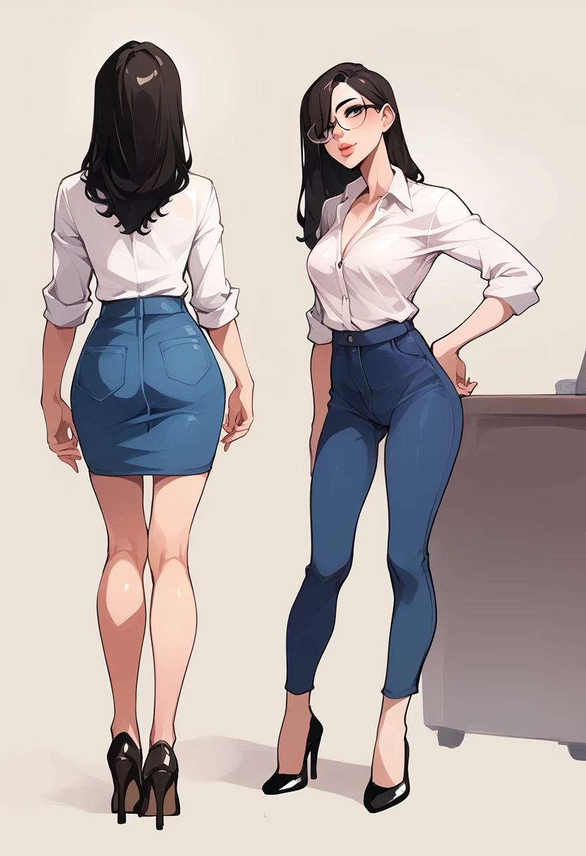 score_9, score_8_up, score_7_up, score_6_up, detailed art of a woman, pale, smooth skin, hair over both eyes, long straight black hair, full lips, slender physique, white office shirt, glasses, blue pants, black heels,
