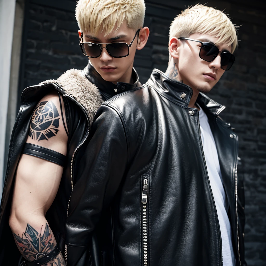 Crew cut、sunglasses、Height: 190cm、Weight 85kg、Black leather coat、A titanium blade is stuck in his back.、Black、Tattoo on face、Blonde、male