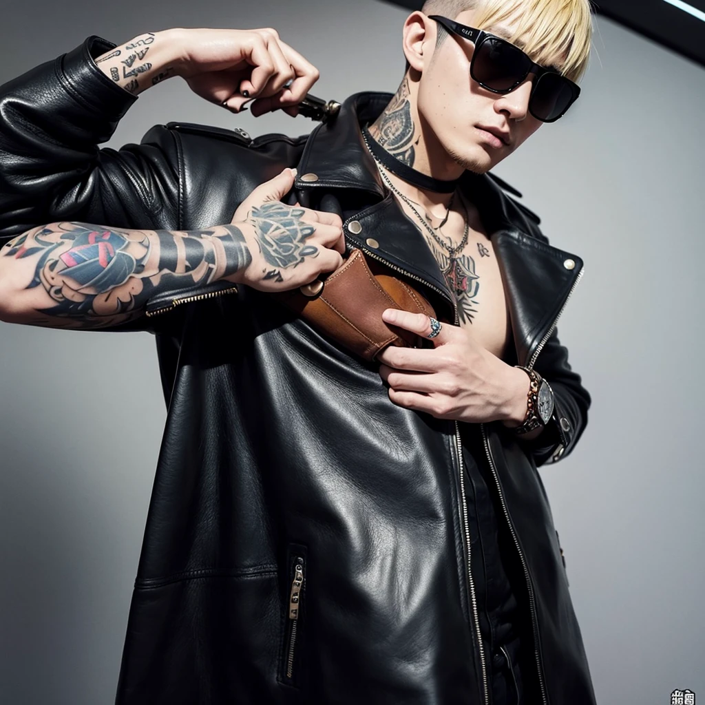 Crew cut、sunglasses、Height: 190cm、Weight 85kg、Black leather coat、A titanium blade is stuck in his back.、Black、Tattoo on face、Blonde、male