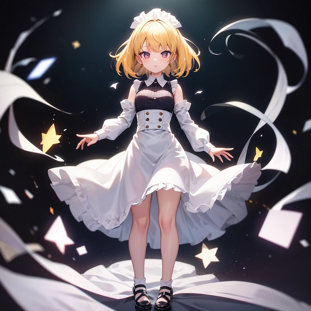 ((Maid)),(((White clothes))),Shoulder out,Cute little ,Tiny ,Small girl,,Childish face, Very fine clean face,Top quality, Big eyes,Straight Hair,Yellow hair,Crimson Eye,(Dark Room), Subtle light, Natural breeze,Soft lighting,Light from directly behind, (Are standing), Cute pose, (Open your hands), Showing the whole body,Front view,Black background