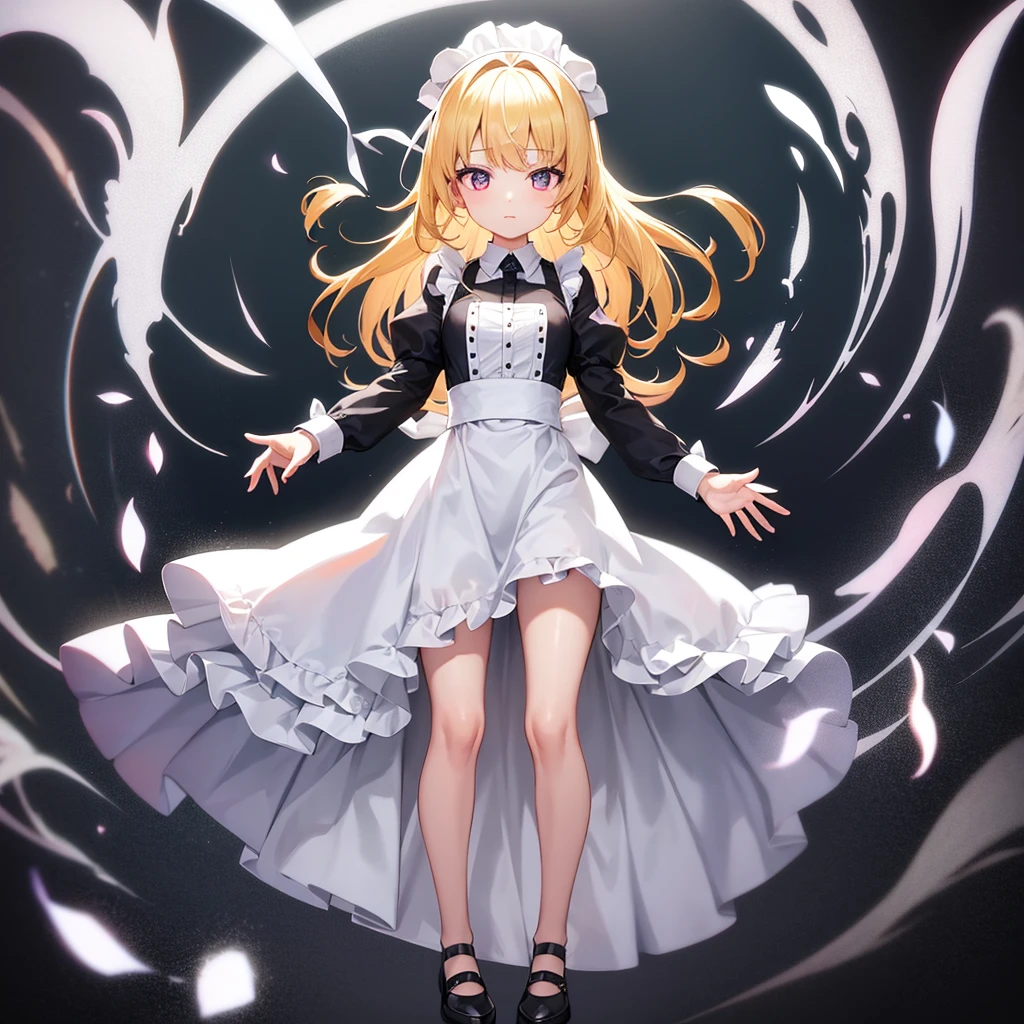 ((Maid)),(((White clothes))),Shoulder out,Cute little ,Tiny ,Small girl,,Childish face, Very fine clean face,Top quality, Big eyes,Straight Hair,Yellow hair,Crimson Eye,(Dark Room), Subtle light, Natural breeze,Soft lighting,Light from directly behind, (Are standing), Cute pose, (Open your hands), Showing the whole body,Front view,Black background