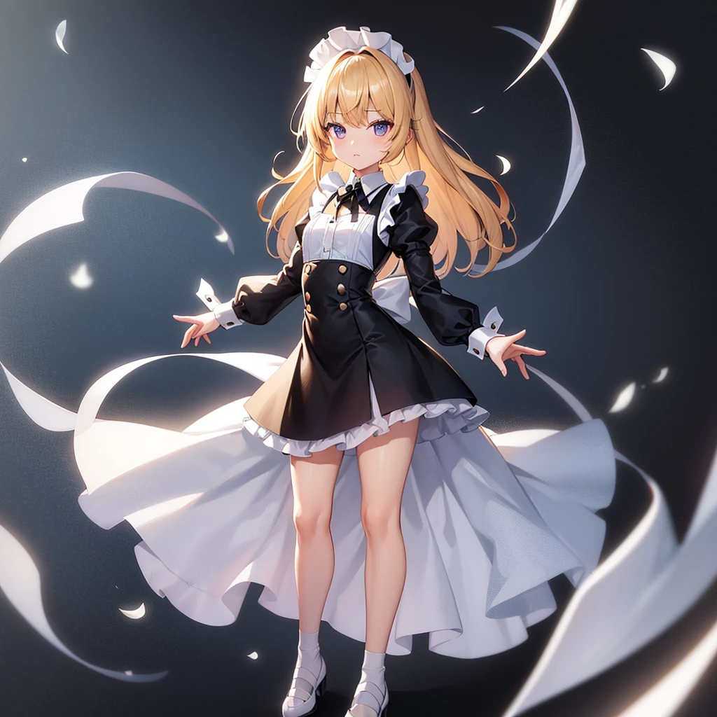 ((Maid)),(((White clothes))),Shoulder out,Cute little ,Tiny ,Small girl,,Childish face, Very fine clean face,Top quality, Big eyes,Straight Hair,Yellow hair,Crimson Eye,(Dark Room), Subtle light, Natural breeze,Soft lighting,Light from directly behind, (Are standing), Cute pose, (Open your hands), Showing the whole body,Front view,Black background