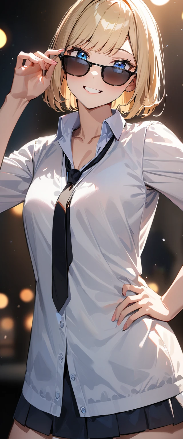 (((One girl))), blond hair, bob cut, (cowboy shot), ((sunglasses, hand to sunglasses)), (looking at viewer), face in focus, teenager, head tilt:1.3, (((blue eye))), ((happy smile)), ((blush)), contrapposto, one hand on hip, (((open clothing))), school summer uniform, (((open collar))), white shirts, ((black tie under the waistcoat)), skirt, black waistcoat, anime style, (best quality, 4k, 8k, highres, masterpiece:1.2, ultra-detailed, ultra-detailed eyes, HDR, UHD, studio lighting, ultra-fine painting, sharp focus, physically-based rendering, extreme detail description, professional, vivid colors, bokeh)