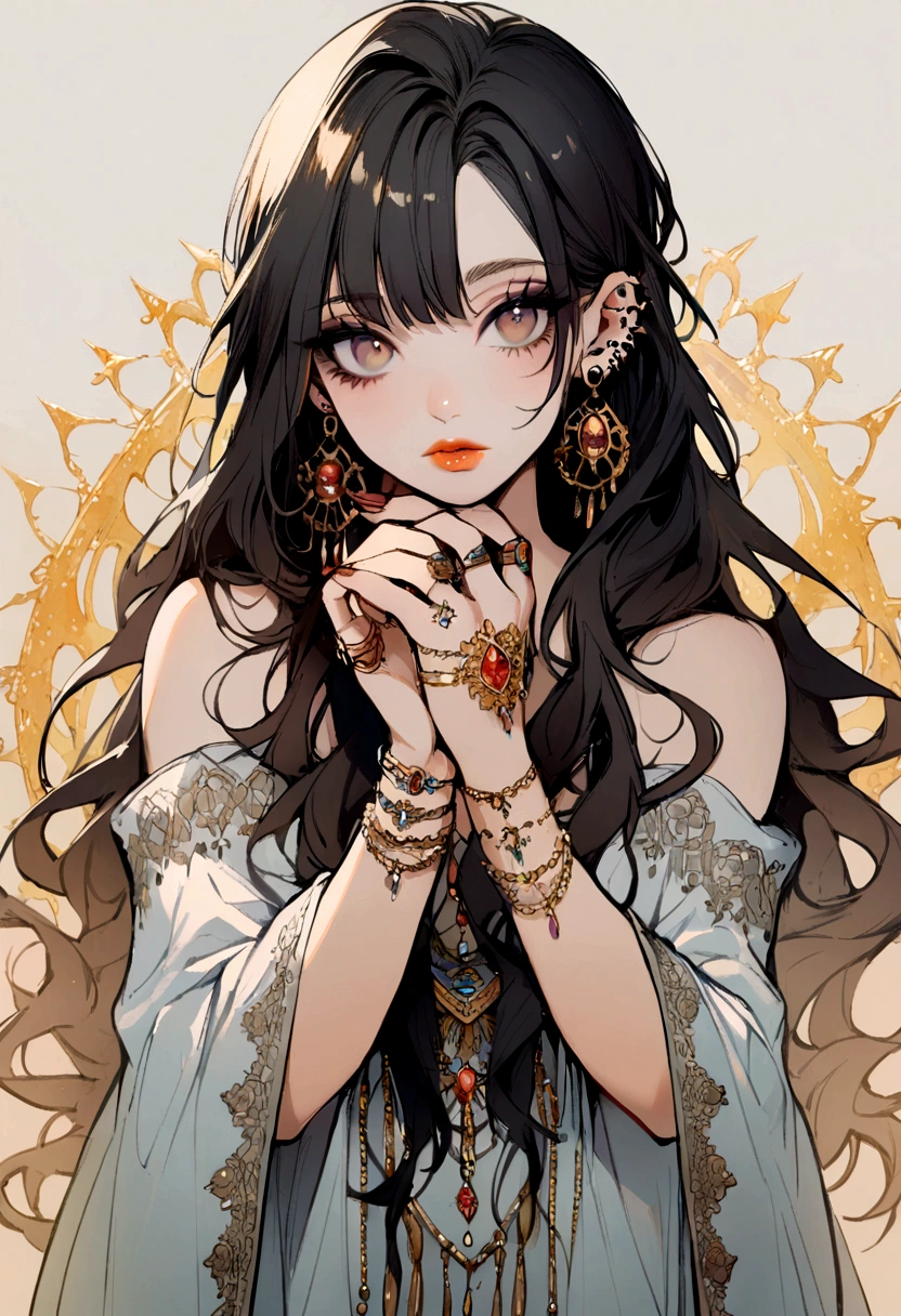 1 girl, standing alone, long hair, gazing at viewer, simple background, Bblack hair, bared shoulders, jewerly, earrings, hands up, eyes black, lips, piercing, ring, ear piercing, portraite