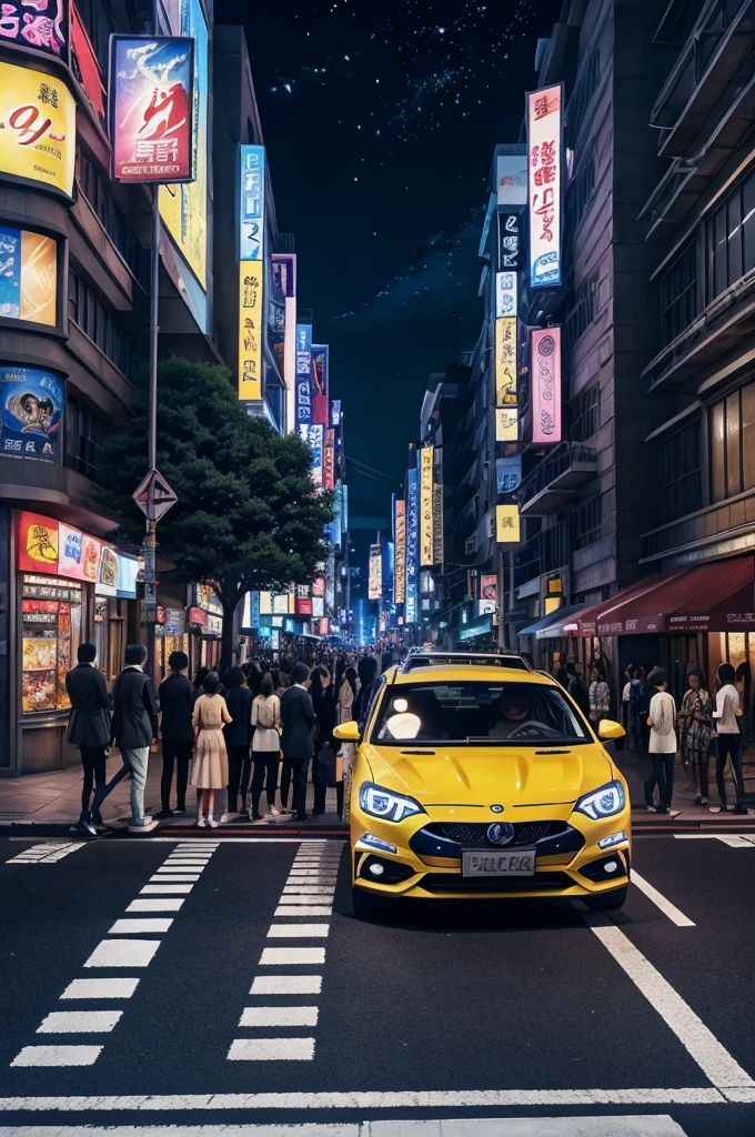 anime scenery,Cut to a zebra crossing on the busy street.
People of various ages and backgrounds crossing, some in groups, some alone.
Car headlights illuminating the scene intermittently. colorful anime movie background