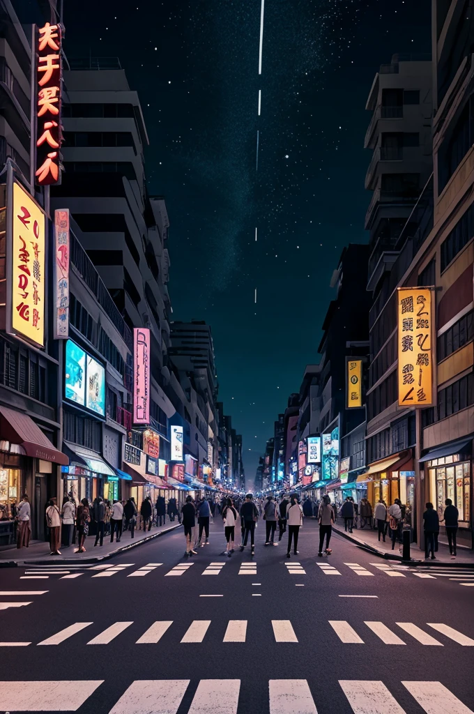 anime scenery,Cut to a zebra crossing on the busy street.
People of various ages and backgrounds crossing, some in groups, some alone.
Car headlights illuminating the scene intermittently. colorful anime movie background