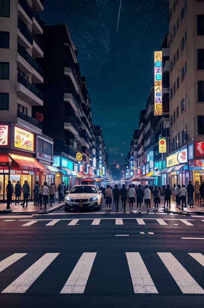 anime scenery,Cut to a zebra crossing on the busy street.
People of various ages and backgrounds crossing, some in groups, some alone.
Car headlights illuminating the scene intermittently. colorful anime movie background