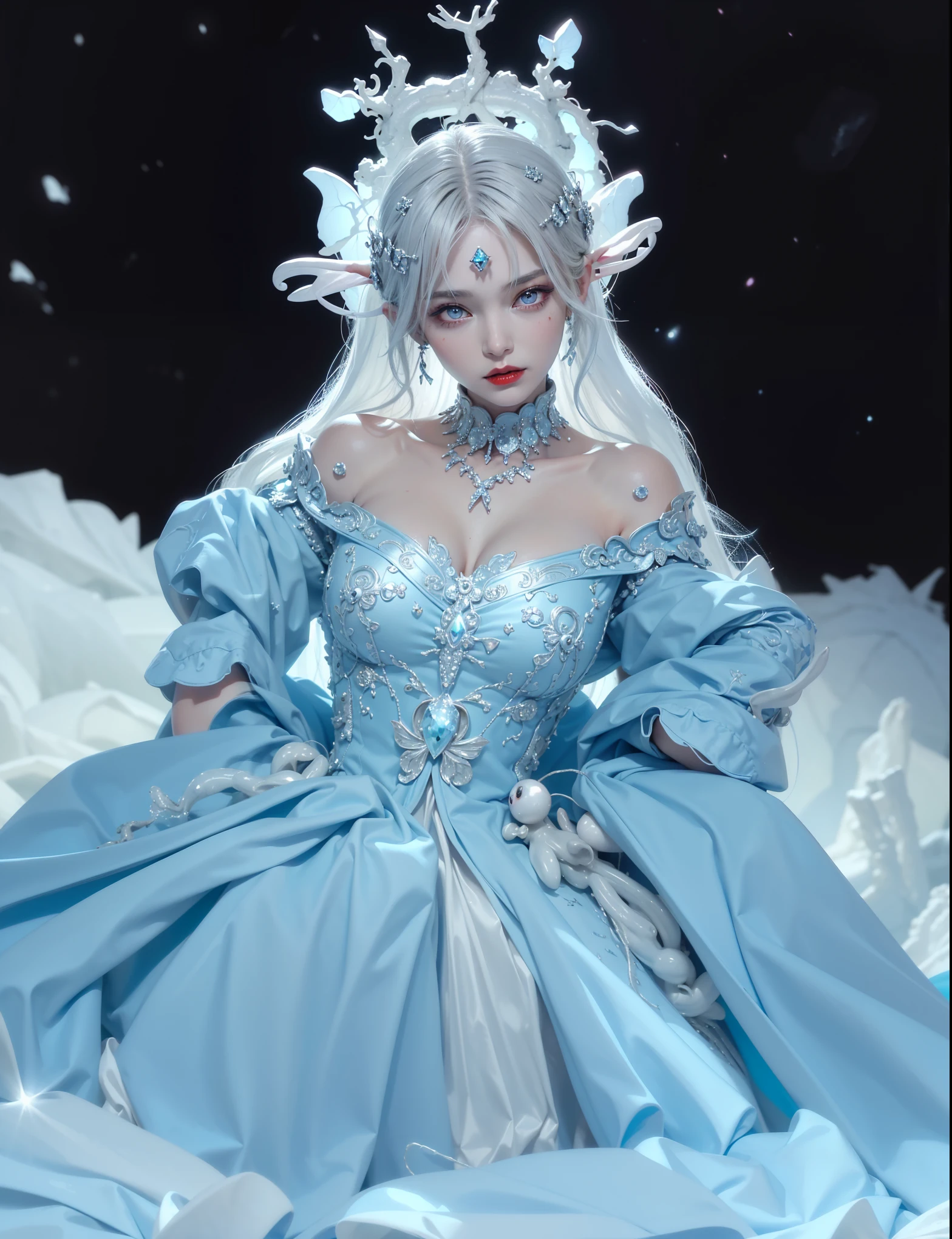 Detailed image quality,Witch Pandora,wing, Succubus Theme,堕落Angel,Excellent,scary,Secret Terror,Tentacles,With eyes,Uncanny Valley Effect,Beast Blood Moon,skeleton,vampire,Hellfire,Dark Queen,Angel,magician magic witch,16岁Angel,Eyes are blue(Pupils as deep as the starry sky),Gorgeous tattoo designs all over the body,Surreal photos(8K picture quality,Rich in details),Dark eyeshadow,Sexy thick lips(Red lipstick),Tattoo designs on body,Dark Queen,Wear luxurious gold jewelry,Silver Crystal Armor,Sparkling diamond gemstone