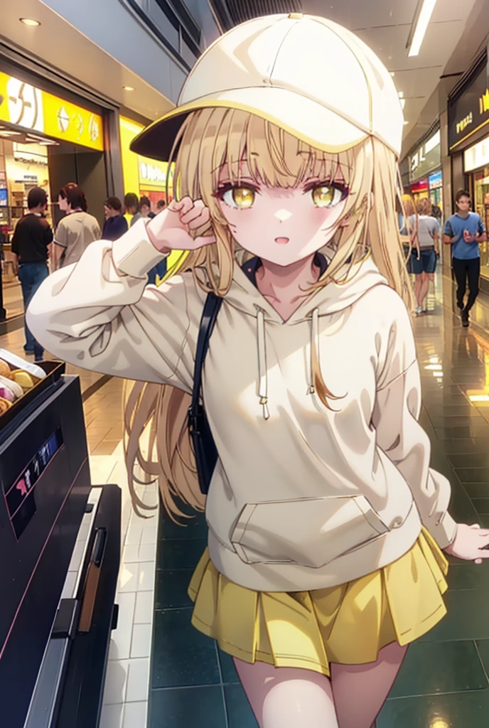 mahirushiina, Mahiru Shiina, bangs, Blonde, Brown Hair, (Yellow Eyes:1.3), smile,Open your mouth,Baseball cap,Oversized yellow hoodie,Short sleeve,mini skirt,black tights,short boots,Walking,Clear skies,Daytime,
break indoors,Shopping mall,
break looking at viewer, whole body,
break (masterpiece:1.2), Highest quality, High resolution, unity 8k wallpaper, (shape:0.8), (Fine and beautiful eyes:1.6), Highly detailed face, Perfect lighting, Highly detailed CG, (Perfect hands, Perfect Anatomy),
