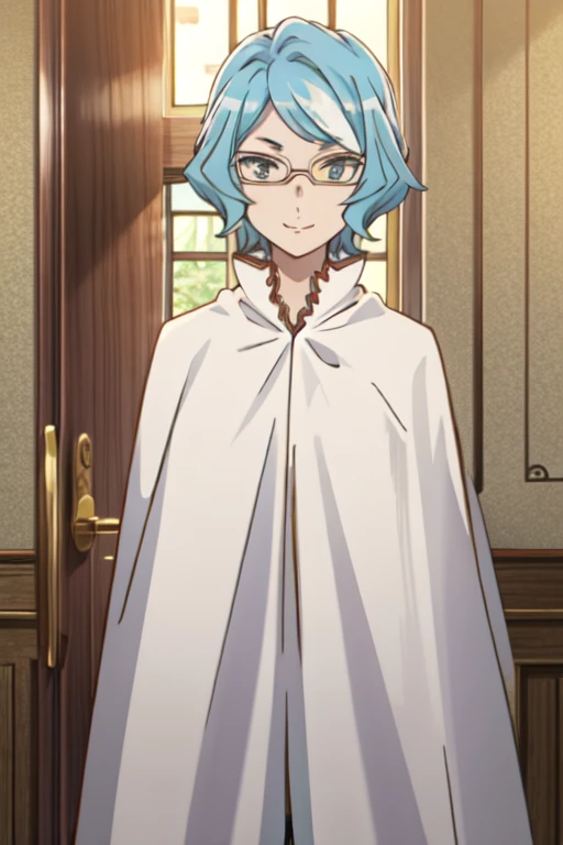 tall body, tall, long legs, smile, mature female, mature, adult, eft_danmachi_blue, glasses, 1girl, female focus, solo, upper body, looking at viewer, blue hair, blue eyes, short hair, white cape, closed mouth,
