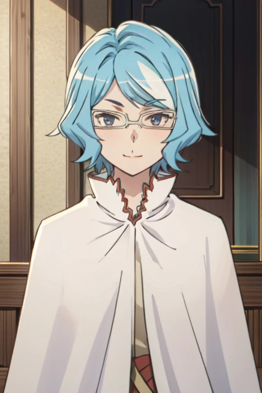 tall body, tall, long legs, smile, mature female, mature, adult, eft_danmachi_blue, glasses, 1girl, female focus, solo, upper body, looking at viewer, blue hair, blue eyes, short hair, white cape, closed mouth,