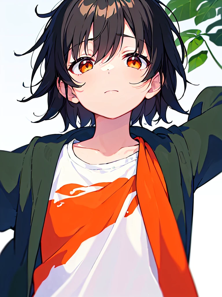 [(WHITE BACKGROUND:1.5),::5], ((((masterpiece)))), high quality, very_high_resolution, large_filesize, full color, solo, ((( boy))), 13 oldt Black hair, vivid color, orange eye, Summer clothes, anime, ((upper body))