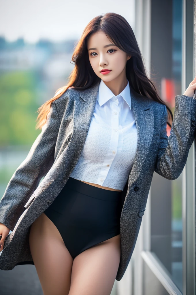 the most beautiful actress in the world, she is 18 years old, the perfect body proportions of this girl, tight blazer is firmly closed on formal shirt which is worn on her upper body, it's difficult for short skirt to cover panties between her bare legs because it is too short, her bare thighs, her body is facing front, standing, window, clear sky, nsfw, best quality, highly detailed, masterpiece, ultra high res, photo realistic, 8k