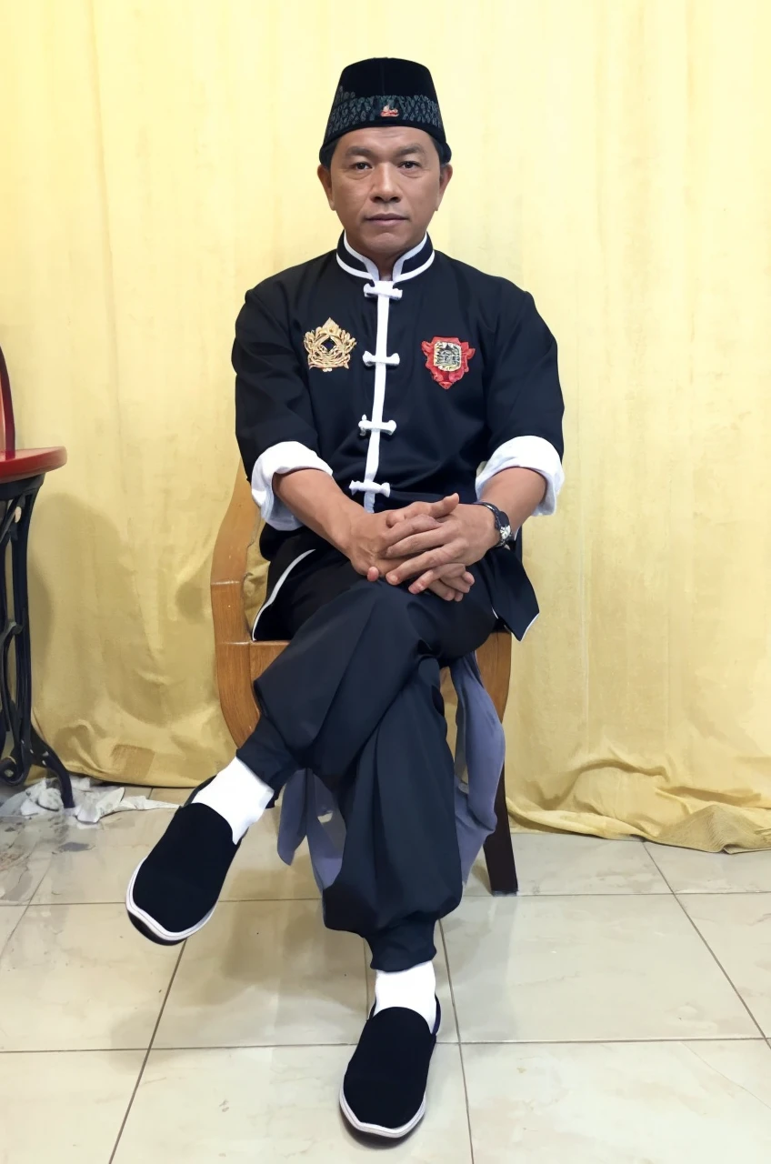 Realistic 5D caricature image of a full body Indonesian man sitting on a chair with a red curtain background. He is wearing traditional Chinese clothing, long-sleeved black cheongsam (sleeves rolled up to the elbows), shirt edges with white es on the edges and sleeves, shirt collar edges with stripite. He wore a black skullcap. His hands were folded in his lap. He wore plain black joggers, white socks, and black traditional Chinese slip-on shoes (Wing Chun shoes) that matched his outfit. The man wore a calm and serious expression. The chair he sat on was red, possibly made of cl or foam, with red armrests. He sat with his legs crossed, left leg over right. The backdrop features bright red curtains that stretch from top to floor. The floor visible below has a tile pattern, perhaps ceramic or tile, with some visible stains or dirt. Detailed HD quality cinematic 5D rendering.