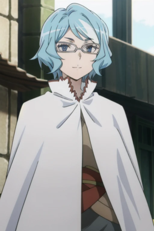 tall body, tall, long legs, smile, mature female, mature, adult, eft_danmachi_blue, glasses, 1girl, female focus, solo, upper body, looking at viewer, blue hair, blue eyes, grey hair, parody, short hair, white cape, closed mouth, expressionless, anime coloring