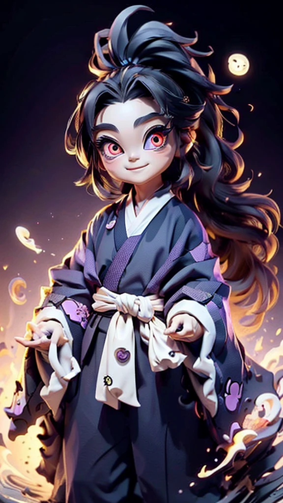 cute、Mini character、Fantasy、Smiling、Rainbow Eyes、Flying happily、Long Hair、ponytail、Six Eyes、Dark kimono and hakama、Eyes６There are、Ghost
