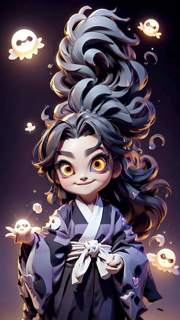 cute、Mini character、Fantasy、Smiling、Rainbow Eyes、Flying happily、Long Hair、ponytail、Six Eyes、Dark kimono and hakama、Eyes６There are、Ghost
