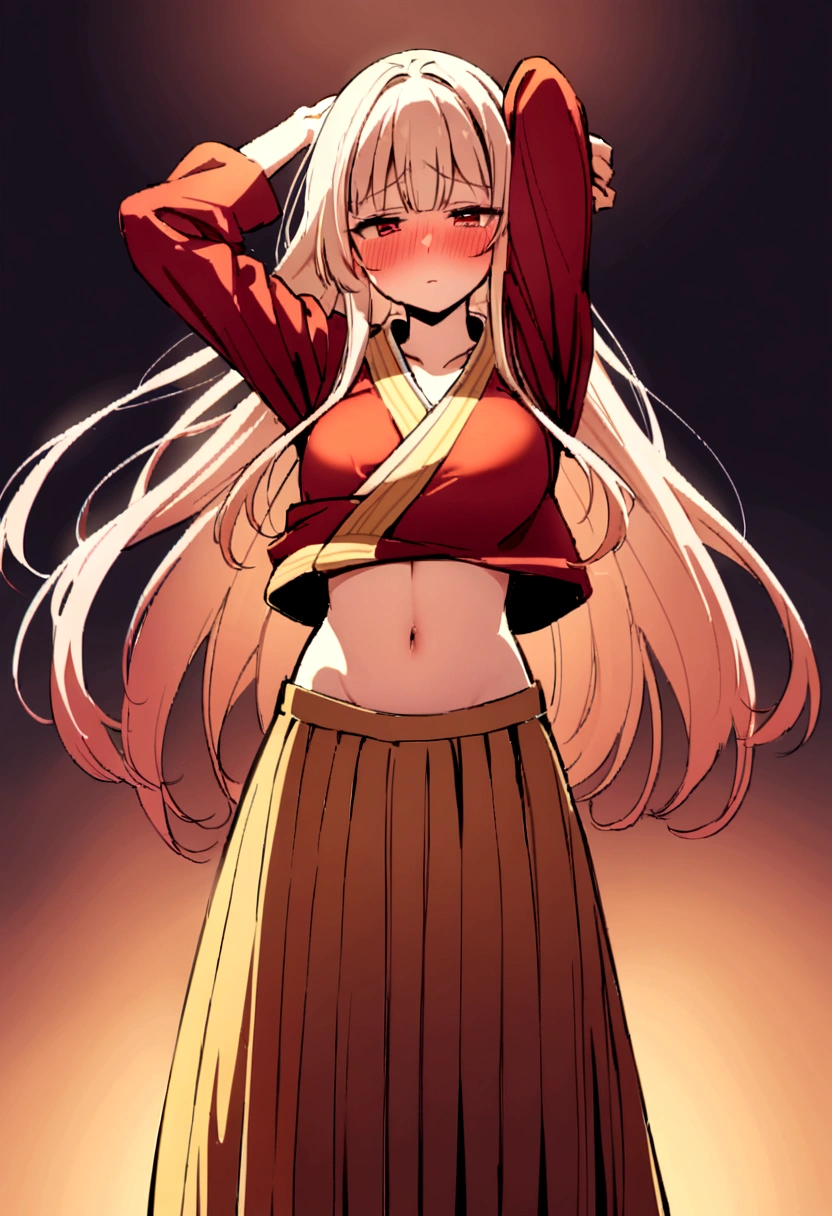 two arm above head,navel showing, midriff,two arm pit,stand up, beautiful navel,stand up,shy face,blushmidriff, long hair,navel showing,kimono,long skirt,long sleeve,,