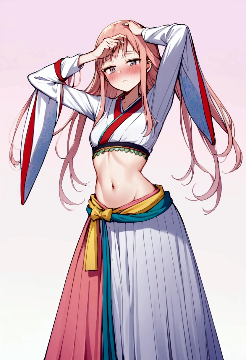 two arm above head,navel showing, midriff,two arm pit,stand up, beautiful navel,stand up,shy face,blushmidriff, long hair,navel showing,kimono,long skirt,long sleeve,,