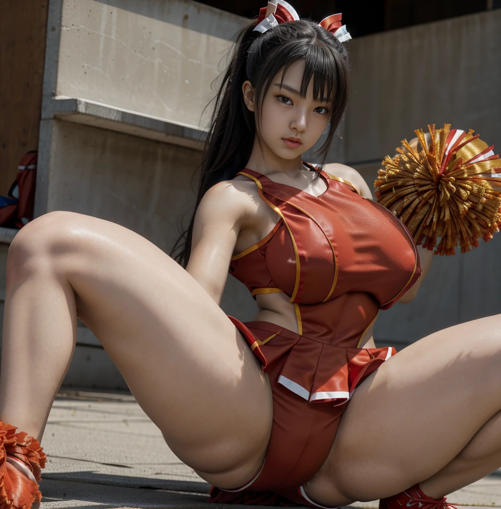 Highest quality,masterpiece,Ultra-high resolution, Very detailed, 8K,a beautiful Japanese woman:1.5, Small face, Black hair ponytail, blunt bangs, Breast Augmentation Surgery, (Red Cheerleader Costume:1.5), Match venue、 Detailed very smelly armpits、 Squat down and spread your legs