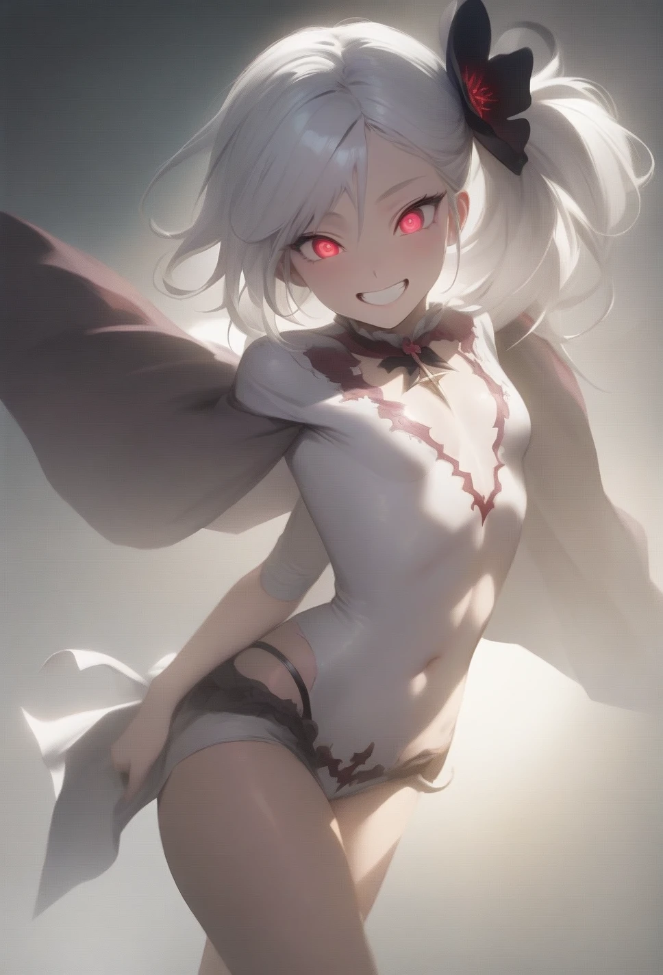 best quality, amazing quality, very aesthetic, absurdres, (1girl, mutsuki, blue archive, solo, red eyes, white hair, side ponytail), (artist official art:1.5), (realistic face:0.7), (grin, lowleg bikini, ), (cowboy shot), (glowing eyes:1.3), (half closed eyes:0.9), (thigh), expressive eyes, perfect face, 4k, extremely detailed anime illustration, extremely detailed eyes, enhanced details, perfect anatomy, light rays, extremely delicate body, smooth skin, (gray background:1.5), clear eyes, beautiful face, small breasts, (Chiaroscuro:1.5), (highres:2), cinematic